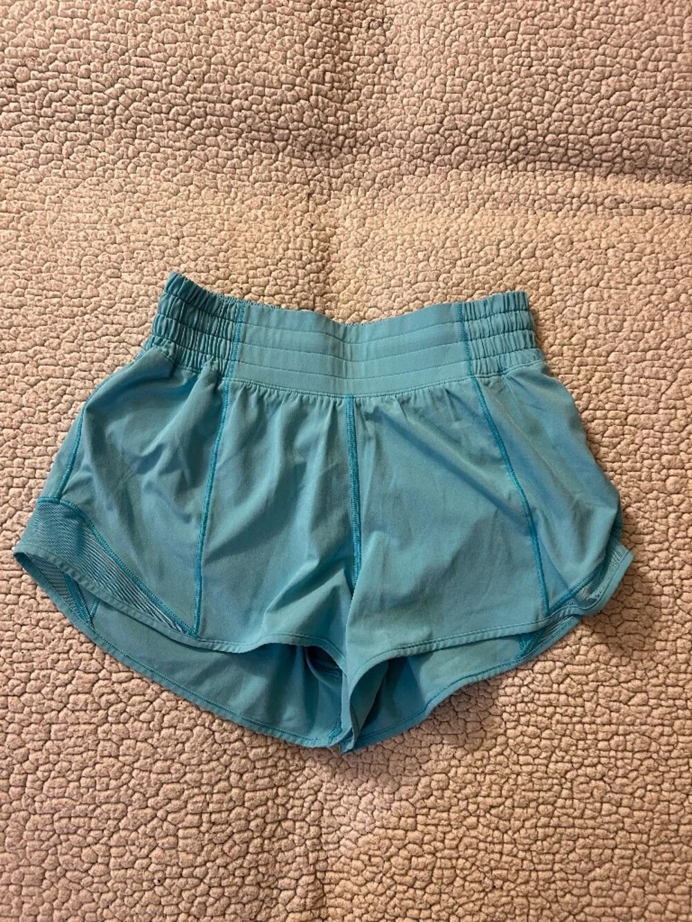 Lululemon -- light blue, flowy running shorts, shorts underneath